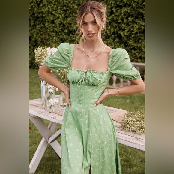 House of Cb Tallulah Olive Midi Green Dress Floral Puff Sleeve Size XS - Picture 4 of 14